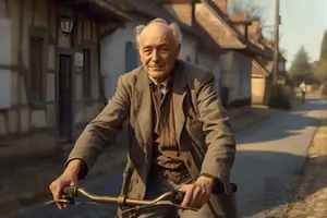 Albert Hofmann smiling while riding a bicycle through colorful countryside fields on Bicycle Day 1943