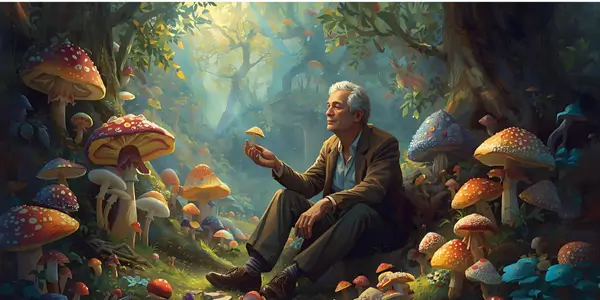 R. Gordon Wasson studying colorful mushrooms in a mystical forest, symbolizing the discovery of magic mushrooms