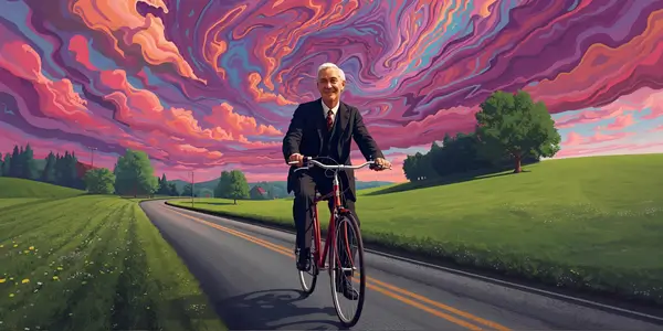 Albert Hofmann smiling while riding a bicycle through colorful countryside fields on Bicycle Day 1943