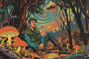 R. Gordon Wasson studying colorful mushrooms in a mystical forest, symbolizing the discovery of magic mushrooms
